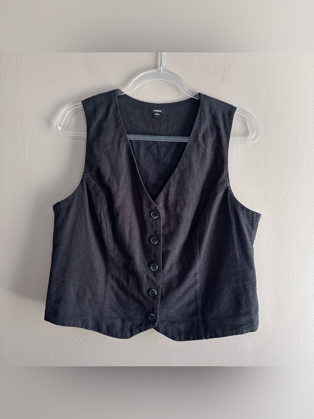 Express Black Linen Blend Button Front Vest Womens Large Minimalist 90s Classic
